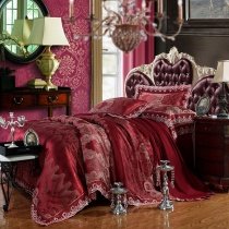 Maroon Color Retro Style Bohemian Chic Western Style Noble Excellence Lace Edge Sequin Jacquard Design Full, Queen Size Bedding Sets