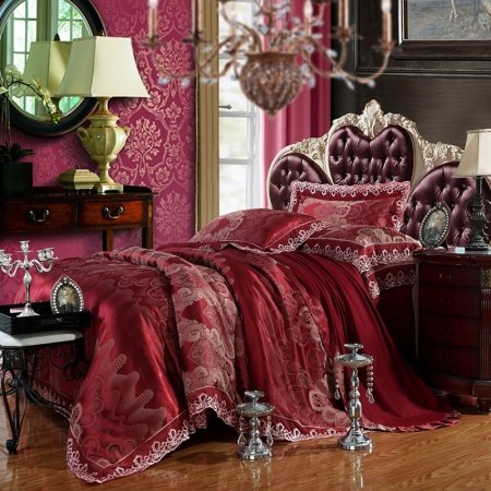 Maroon Color Retro Style Bohemian Chic Western Style Noble Excellence Lace Edge Sequin Jacquard Design Full, Queen Size Bedding Sets