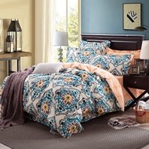 Peacock Blue Beige and Cream Vintage Bohemian Style Tribal Print Arabian Theme Reversible 100% Cotton Full, Queen Size Bedding Sets