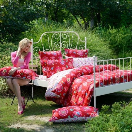 Red and Pink Girls Bedroom Flower Print Folk Pattern Rustic Style Reversible 100% Cotton Damask Full, Queen Size Bedding Sets