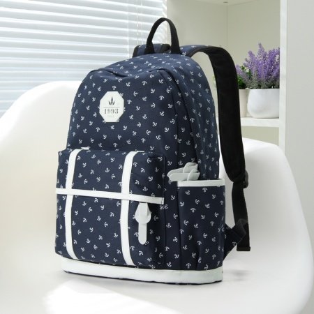 Dark Blue Canvas with White Leather Trim Cute Nautical Anchor Print School Backpack Vogue Elegant Sewing Pattern Women Travel Bag