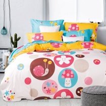 Hot Pink Blue and Yellow Colorful Polka Dot Design Snails Print Cute Girly Themed 100% Cotton Twin, Full Size Bedding Sets