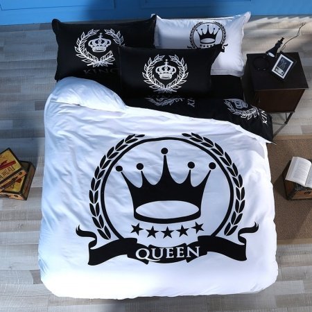 Black and White Crown Print Royal Style Modern Chic Traditional Personalized Reversible 100% Cotton Twin, Full, Queen Size Bedding Sets