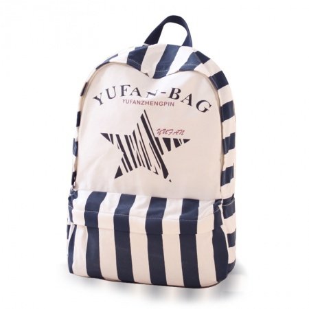 Durable Navy Blue Beige Canvas Casual Hiking Travel Laptop Backpack High Fashion Rugby Stripe and Star Senior Preppy School Book Bag