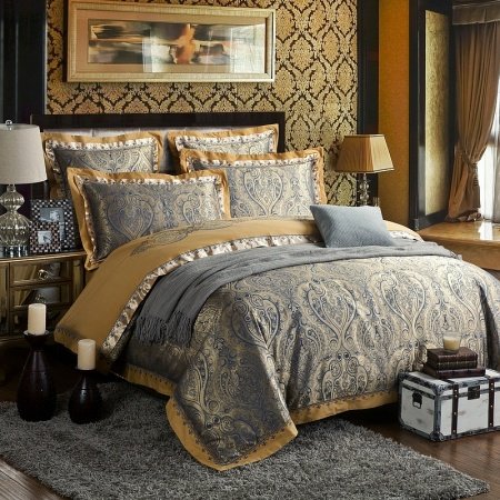 Royal Blue Silver and Camel Bohemian Style Indian Pattern Old World Shabby Chic Jacquard Satin Full, Queen Size Bedding Sets