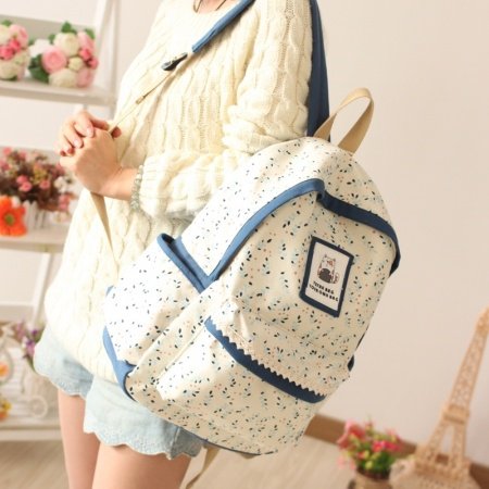 Durable Beige Canvas with Blue Trim Senior Preppy School Book Bag Fashion Hawaiian Leaf Sewing Pattern Lace 14 Inch Laptop Backpack