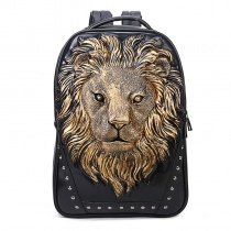 Vintage Black Leather Engraved Metallic Gold Lion Boys School Campus Book Bag Personalized Rivet Studded Large Casual Travel Backpack