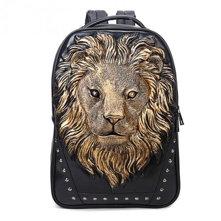 Vintage Black Leather Engraved Metallic Gold Lion Boys School Campus Book Bag Personalized Rivet Studded Large Casual Travel Backpack