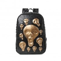 Black Leather Metallic Gold Skull Embossed Crocodile Boys School Book Bag Punk Rock and Roll Style Unique Rivet Studded Travel Backpack