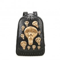 Black Leather Embossed Metallic Gold Skull Cool Men Large Travel Backpack Punk Rock and Roll Style Spike Rivet Studded School Book Bag