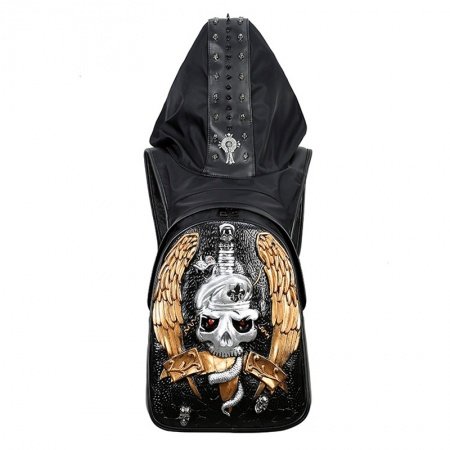 Personalized Black Faux Leather Masculine Men Large Travel Laptop Backpack Durable Embossed Skull Studded Punk Style School Campus Book Bag