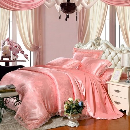 Salmon Pink Sparkly Flower Pattern Modern Chic Antique Lace Design Elegant Girls Jacquard Satin Full, Queen Size Bedding Sets