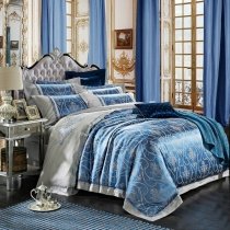 Luxurious Ice Blue and Silver Gothic Pattern Sparkly Embroidered Design Upscale Jacquard Satin Fabric Full, Queen Size Bedding Sets