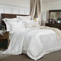 Luxury All White Paisley Pattern Sequin Embroidered Design Romantic Boutique Jacquard Satin Fabric Full, Queen Size Bedding Sets