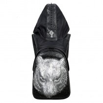 Punk Style Black Leather Metallic Silver Wolf Head Men Large Travel Backpack Personalized Embossed Skull Studded School Campus Book Bag