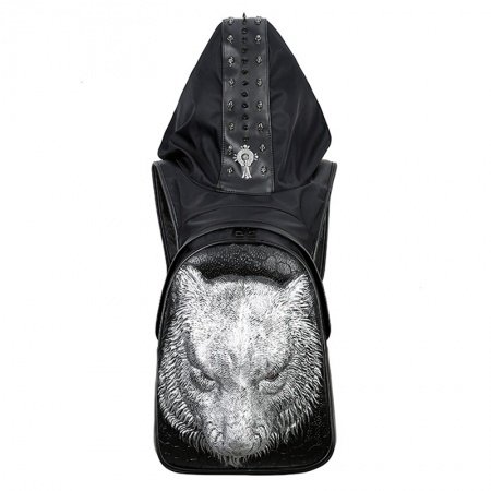 Punk Style Black Leather Metallic Silver Wolf Head Men Large Travel Backpack Personalized Embossed Skull Studded School Campus Book Bag
