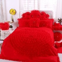 Vermilion Red Ruched Rosette Pattern Ruffled Design Elegant Girls High Fashion 100% Cotton Twin, Full, Queen Size Bedding Sets