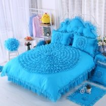 Girls Peacock Blue Rosette Pattern Waterfall Ruffle Design Feminine Feel Noble Excellence 100% Cotton Twin, Full, Queen Size Bedding Sets