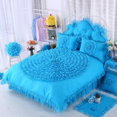 Girls Peacock Blue Rosette Pattern Waterfall Ruffle Design Feminine Feel Noble Excellence 100% Cotton Twin, Full, Queen Size Bedding Sets