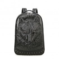 Punk Rock and Roll Black Patent Leather Men Large Travel Backpack Embossed Wolf Head Spikes Rivet Studded School Campus Book Bag