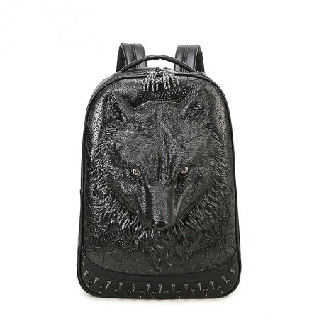 Punk Rock and Roll Black Patent Leather Men Large Travel Backpack Embossed Wolf Head Spikes Rivet Studded School Campus Book Bag