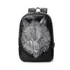 Vintage Black Leather Embossed Silver Wolf Head Men Travel Laptop Backpack Punk Rock and Roll Rivet Studded School Campus Book Bag