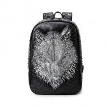 Vintage Black Leather Embossed Silver Wolf Head Men Travel Laptop Backpack Punk Rock and Roll Rivet Studded School Campus Book Bag