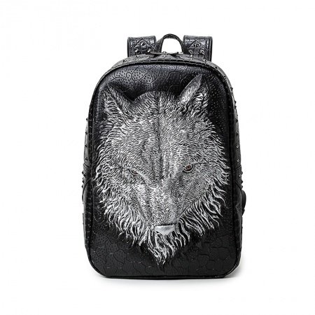 Vintage Black Leather Embossed Silver Wolf Head Men Travel Laptop Backpack Punk Rock and Roll Rivet Studded School Campus Book Bag