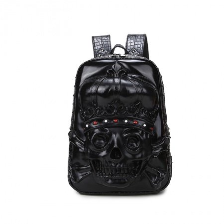 Personalized Black Leather Engraved Skull Cool Men Travel Backpack Vintage Punk Rock and Roll Rivet Studded School Campus Book Bag