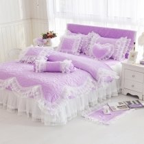 Lavender Purple and White Quilted Flower Pattern Scalloped Gathered Ruffle Romantic Feminine Cotton Twin, Full, Queen Size Bedding Sets