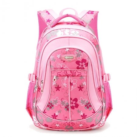 Coral Pink Red and Army Green Polyester Elegant Girls School Backpack Fashion Flower Print Sewing Pattern Preppy Campus Book Bag