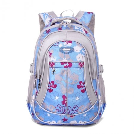 Lightweight Sky Blue Red and Silver Gray Polyester Girls School Backpack High Fashion Flower Print Zipper Preppy Campus Book Bag