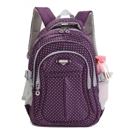 Lightweight Dark Purple and White Waterproof Nylon Women Travel Backpack Stylish Polka Dot Print Zipper Preppy School Campus Book Bag