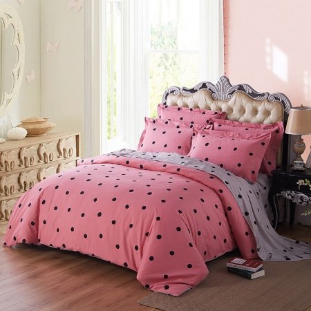 Modern Chic Black Pink and Silver Gray Polka Dot Print Elegant Cute Girly Teen Girls Full, Queen Size Bedding Sets