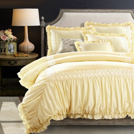 Sophisticated Elegant White and Bright Yellow Vintage Victorian Lace Ruffle Luxurious Feminine Full, Queen Size Bedding Sets