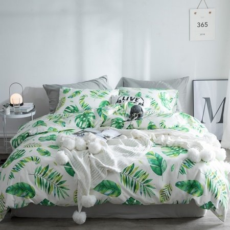 Hipster Green and White Fern Leaf Print Modern Chic Tropical Hawaiian Country Chic Twin, Full, Queen Size Bedding Sets