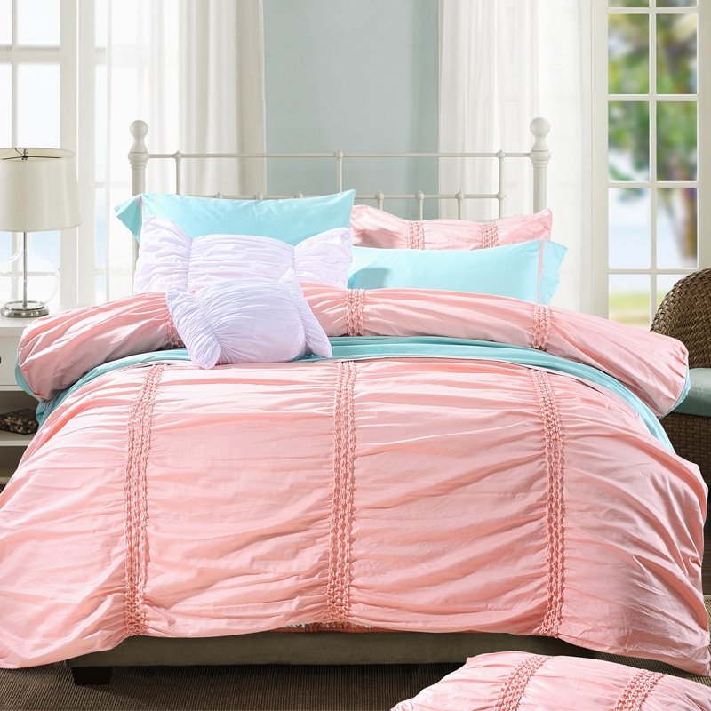 Solid Colored Puffy Sophisticated Elegant Girly Full, Queen Size Bedding Sets in Coral Pink and