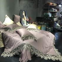 Mauve Purple and Gray Vintage Shabby Chic Victorian Lace Embroidered Noble Excellence Villa Feminine Full, Queen Size Bedding Sets