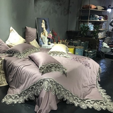 Mauve Purple and Gray Vintage Shabby Chic Victorian Lace Embroidered Noble Excellence Villa Feminine Full, Queen Size Bedding Sets