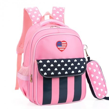Black White and Pink Nylon Girls Pupil School Book Bag American Flag Stripes and Stars Print Kids Campus Backpack