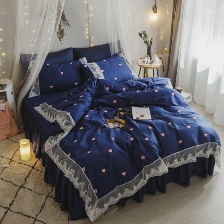Vintage Lace Design Navy Blue and White Love Heart Print Shabby Chic Full, Queen Size Bedding Sets