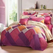 Purple Red Orange and Light Yellow Tribal and Patchwork Plaid Print Feminine Full, Queen Size Bedding Sets