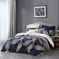 Unique Gold and Deep Blue Leaf Print Vintage Shabby Chic Sparkle Luxury Twin, Full, Queen Size Bedding Sets