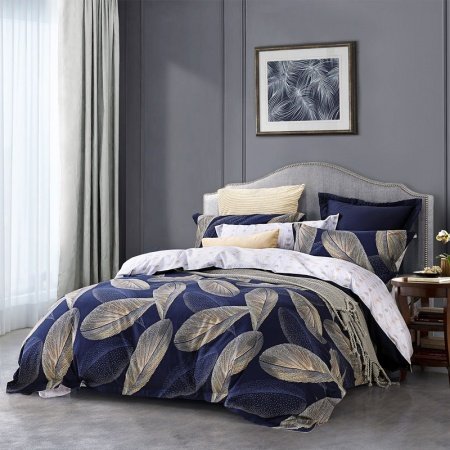 Unique Gold and Deep Blue Leaf Print Vintage Shabby Chic Sparkle Luxury Twin, Full, Queen Size Bedding Sets