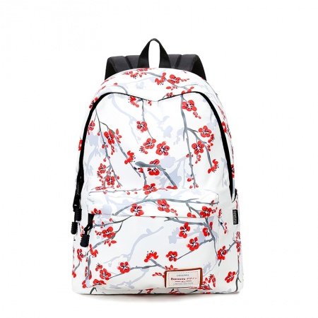 Vintage Polyester Junior Middle School Campus Book Bag Red White Gray Plum Blossom Print Girls Travel Backpack