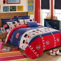 Navy Blue and Red Character and Medallion British Style Vintage Twin, Full, Queen Size Bedding Sets