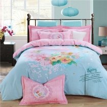 Pink and Light Blue Flower Elegant Girls Full, Queen Size Bedding Sets