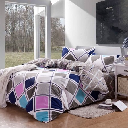 Grey Pink and Blue Lattice Plaid Print Design Full, Queen Size Modern Chic 100% Cotton Bedding Sets
