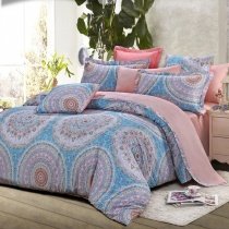 Light Blue Grey and Pink Folklore Pattern BOHO Style Circle Print Western Moroccan Themed 100% Cotton Damask Full, Queen Size Bedding Sets