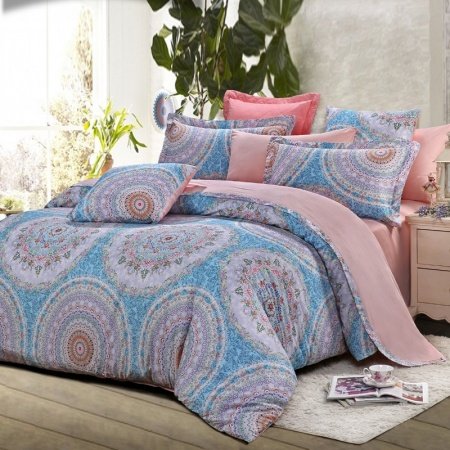 Light Blue Grey and Pink Folklore Pattern BOHO Style Circle Print Western Moroccan Themed 100% Cotton Damask Full, Queen Size Bedding Sets